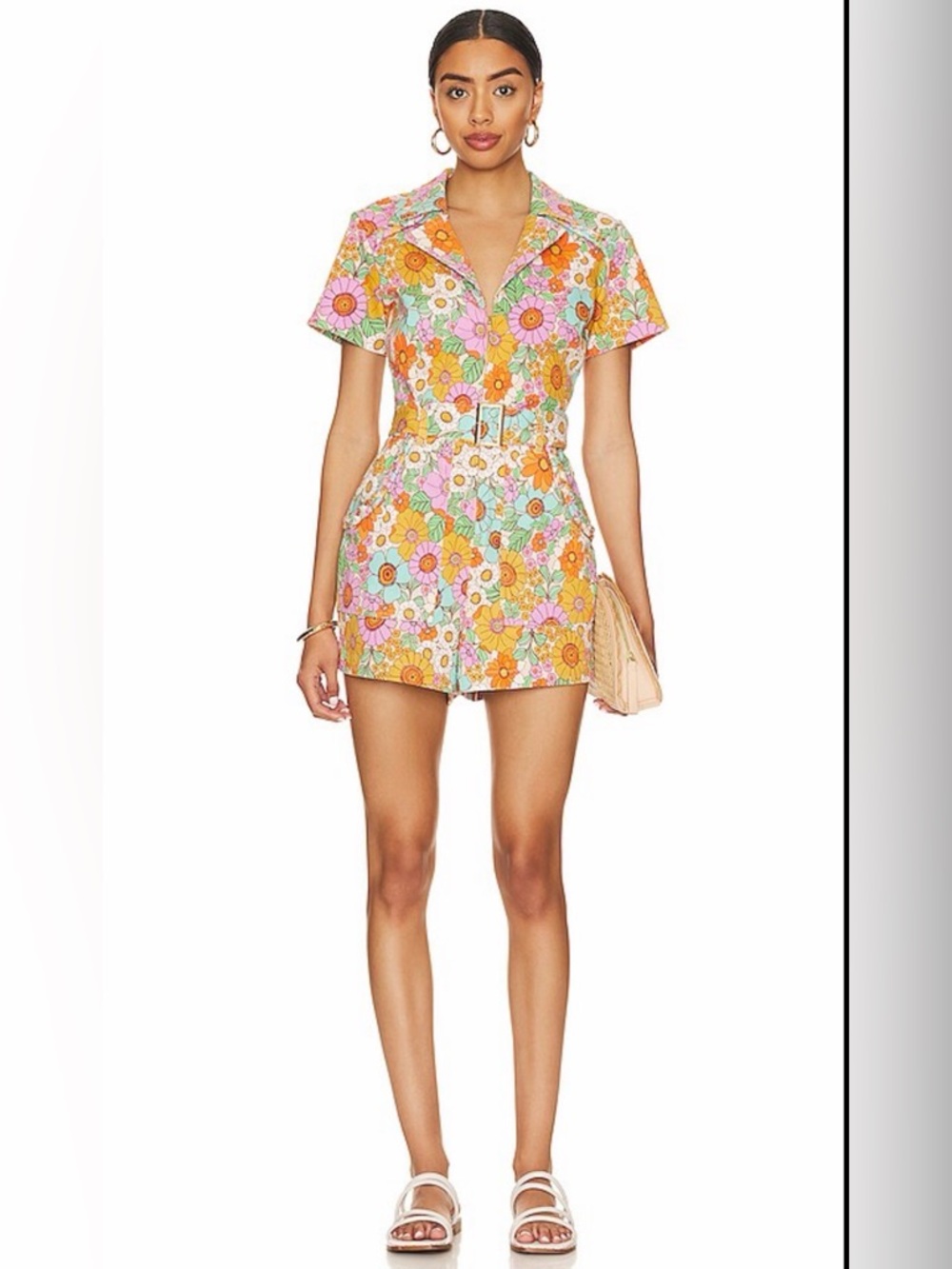 Show Me Your MuMu Floral Belted Romper in Pink, Orange, Yellow, Green